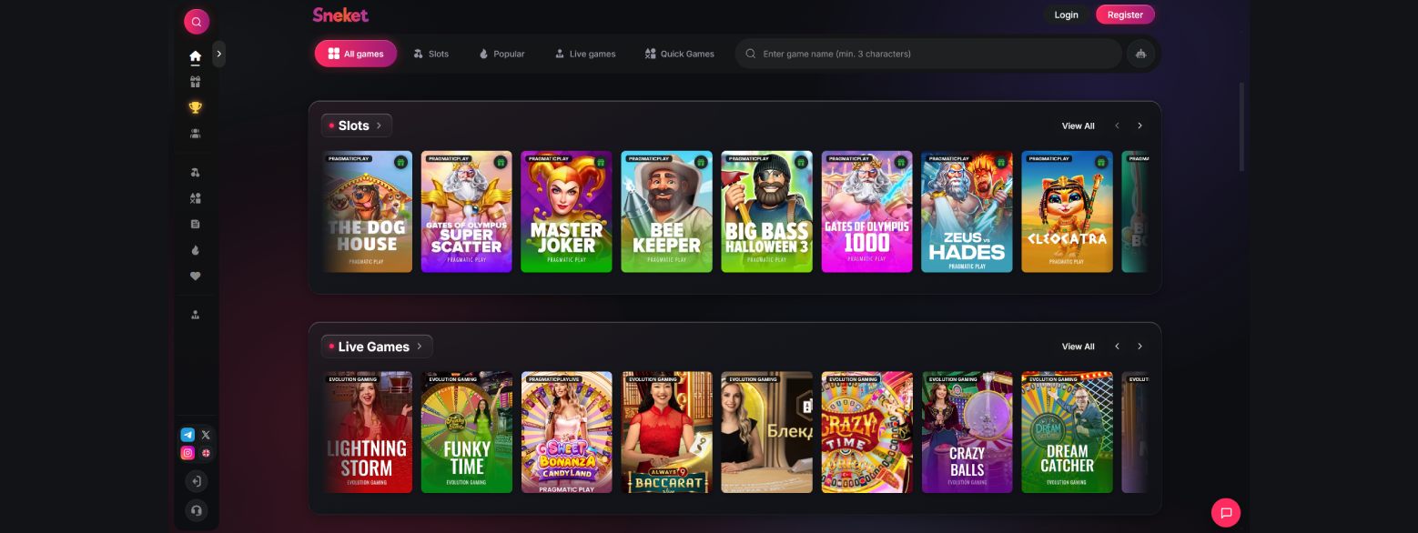 Каталог игр Sneket Casino - витрины слотов Pragmatic Play и live-столов Evolution