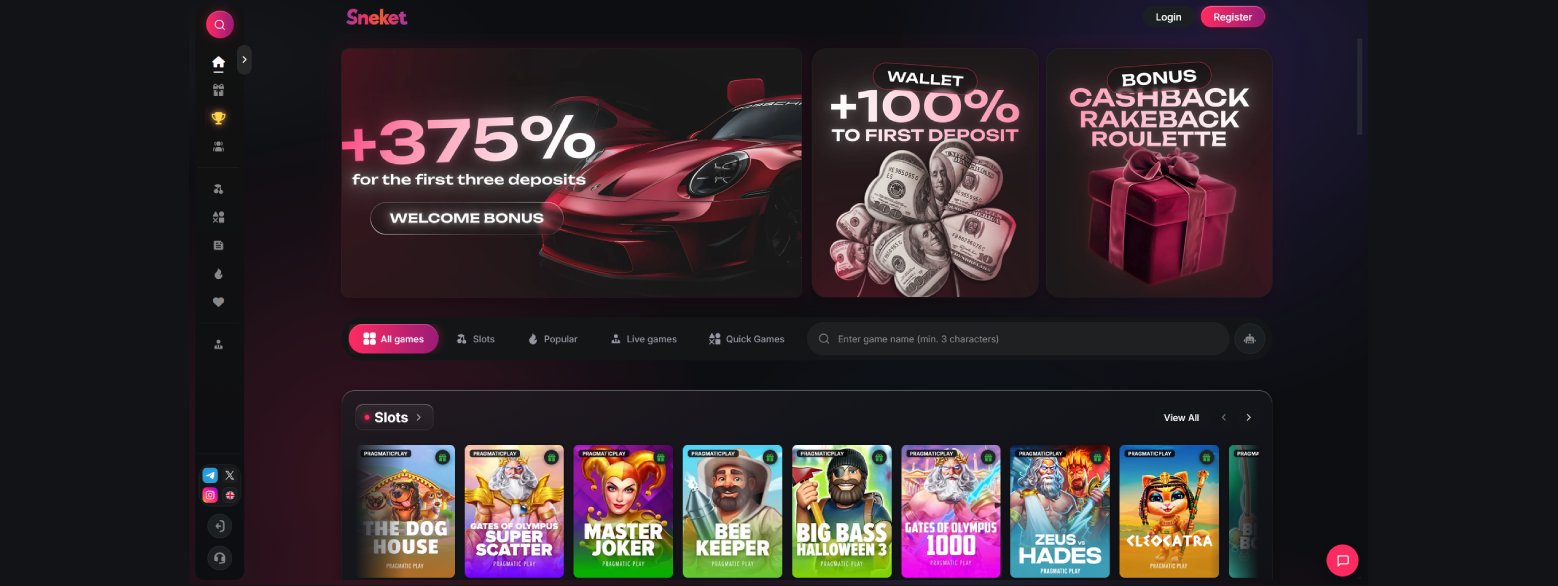 Главная страница Sneket Casino - баннеры бонусов, вкладки каталога и витрина слотов