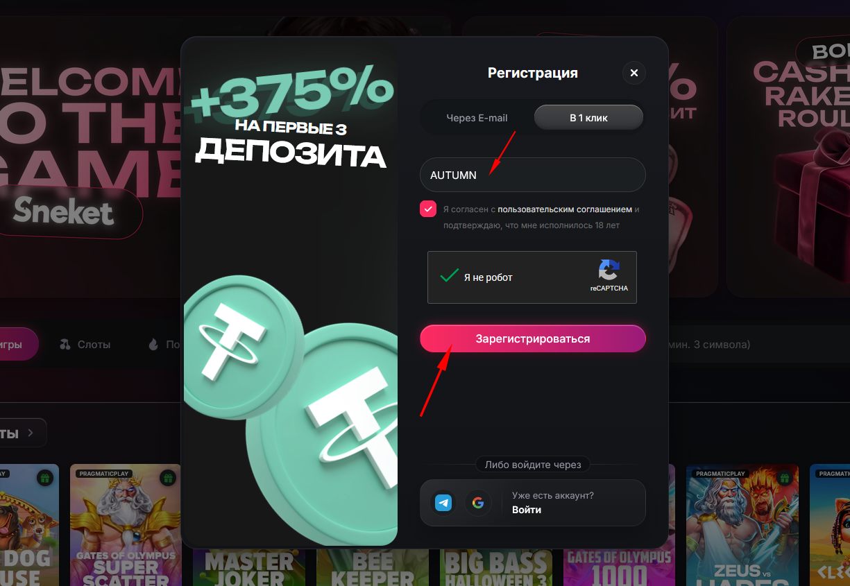 Форма регистрации Sneket Casino с промокодом в поле под вкладками